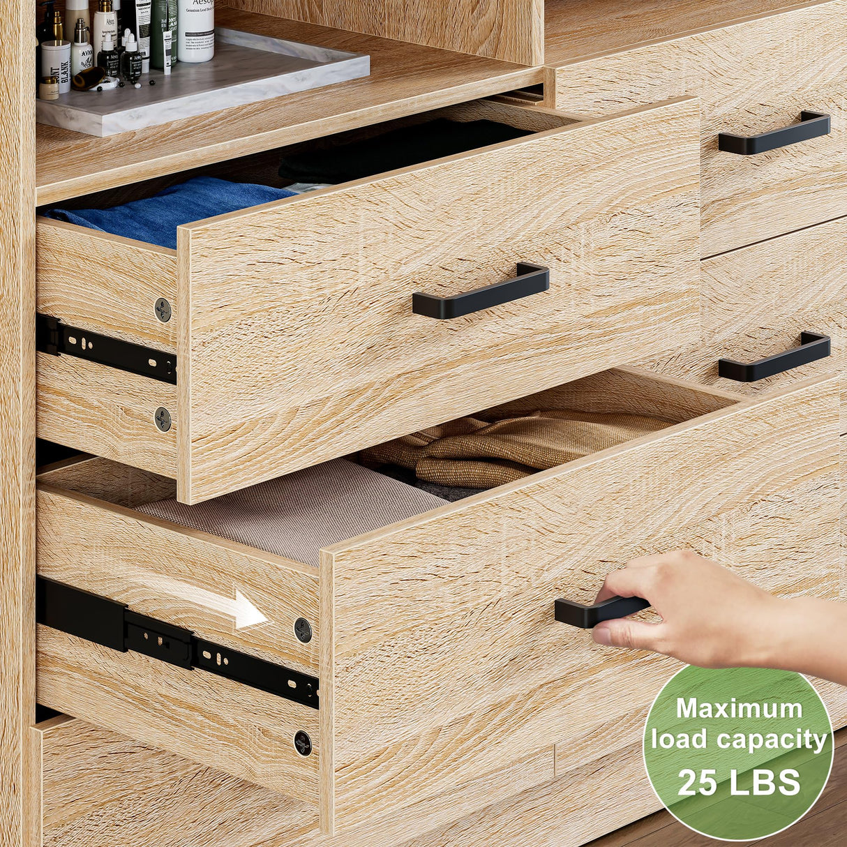 Bigbiglife 6 Drawer Dresser with Open Storage, Natural Wood Dresser, Modern Double Dresser for Bedroom, Living Room, Entryway, Light Oak Bigbiglife