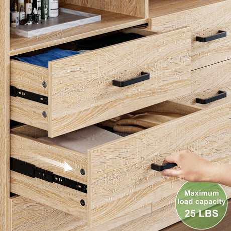 Bigbiglife 6 Drawer Dresser with Open Storage, Natural Wood Dresser, Modern Double Dresser for Bedroom, Living Room, Entryway, Light Oak Bigbiglife