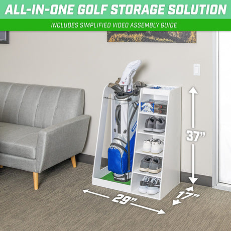 GoSports Premium Wooden Golf Bag Organizer and Storage Rack – Black, Brown, and White GoSports