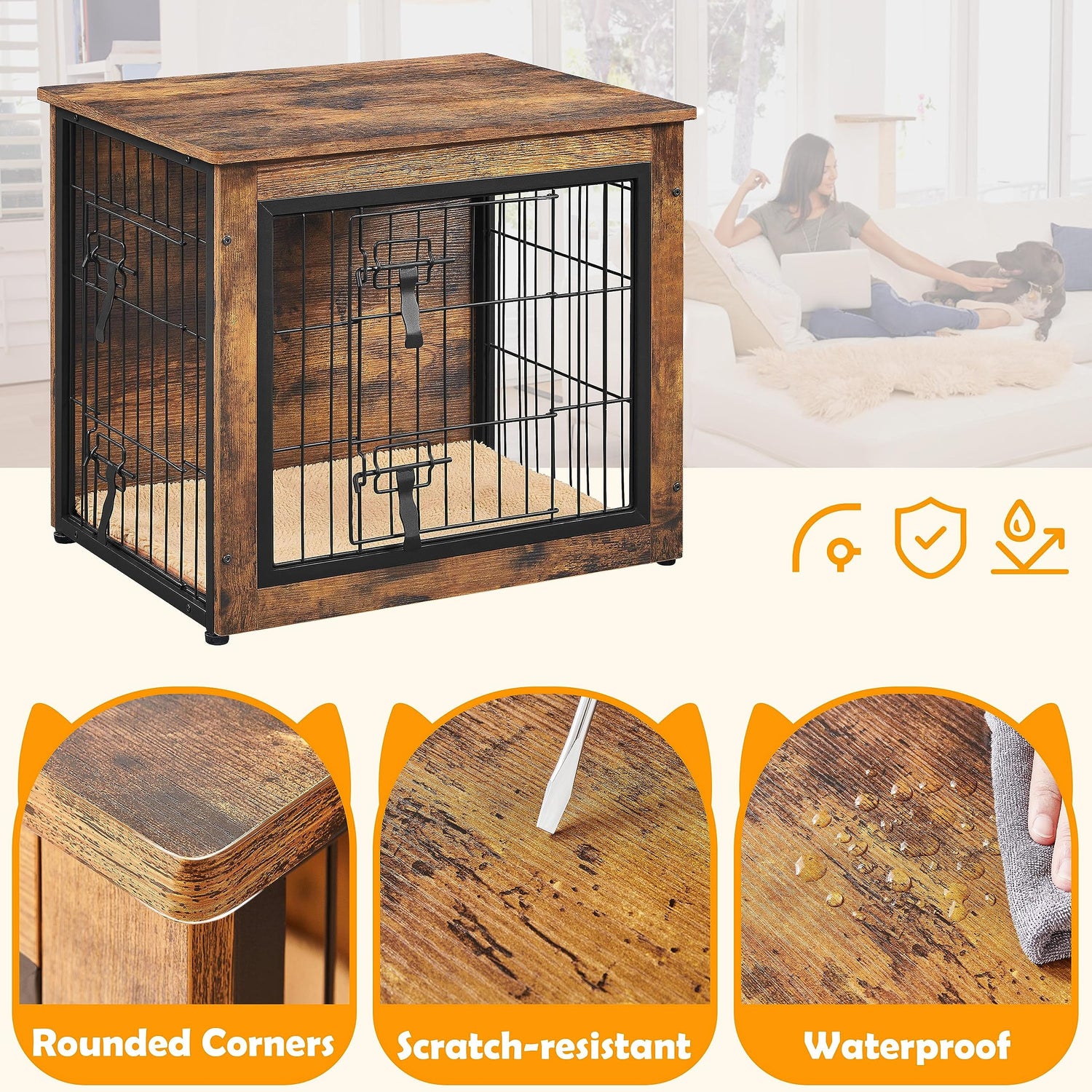 Yaheetech 27.5'' Dog Crate Furniture with Cushion Wooden Dog Crate with Double Doors/Adjustable Feet Side End Table for Small/Medium Dogs, 27.5" L x Yaheetech