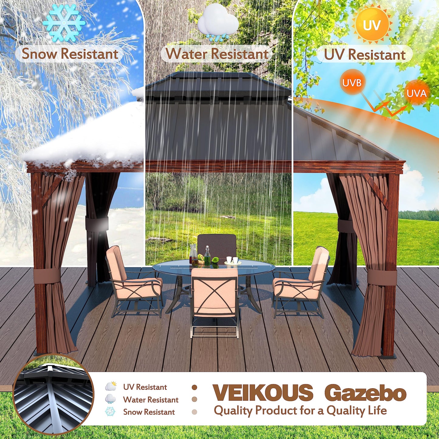 VEIKOU 10' x 12' Gazebo Hardtop, Outdoor Aluminum Wood Grain Gazebo w/Double Roof & Sidewalls, Permanent Pergolas and Gazebos, Patio Gazebo for