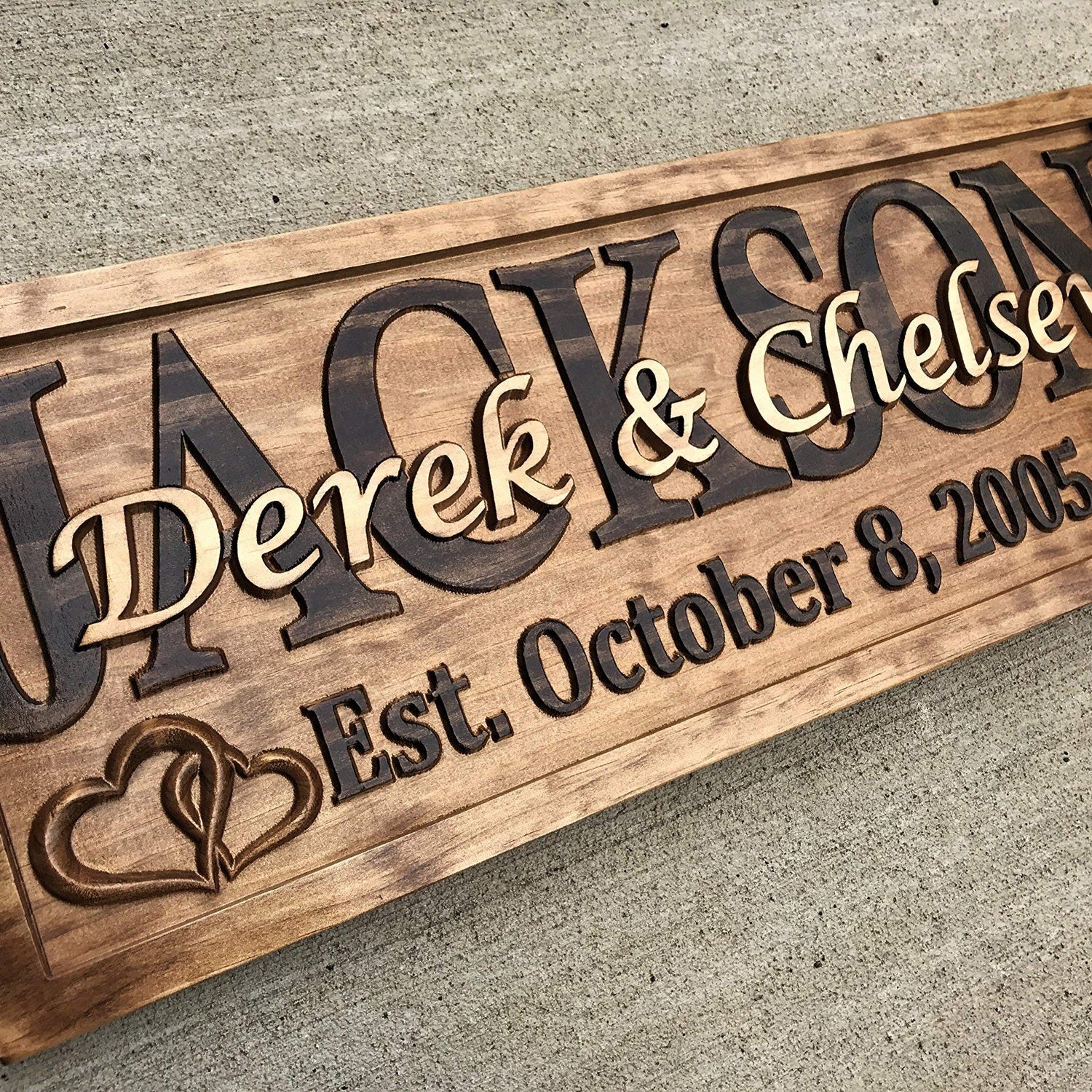 Personalized Wedding Gift Last Name Established Sign Family Name Signs Custom Wood Sign Carved Wood Decor 3D Hearts Couples Sign 5 Year Anniversary 3D Woodworker