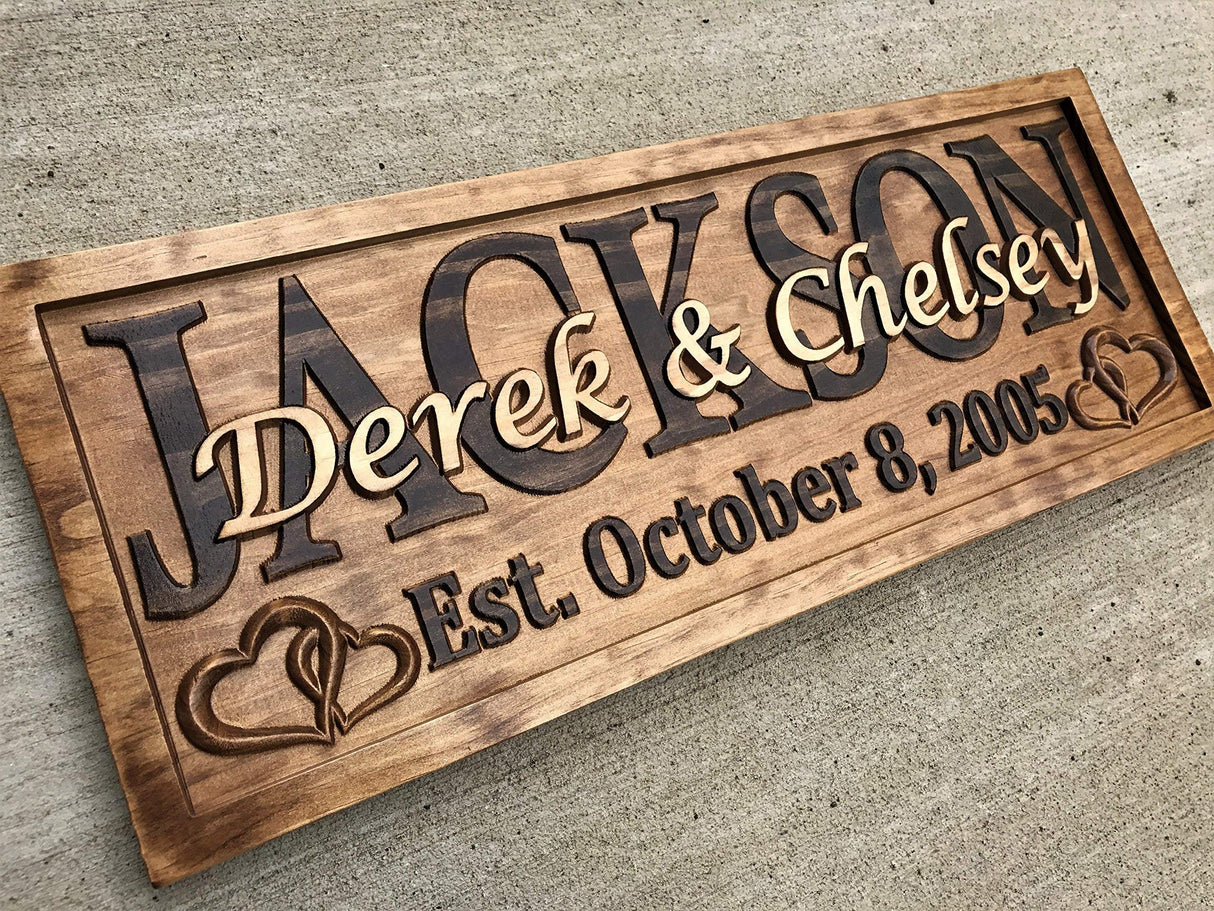 Personalized Wedding Gift Last Name Established Sign Family Name Signs Custom Wood Sign Carved Wood Decor 3D Hearts Couples Sign 5 Year Anniversary 3D Woodworker
