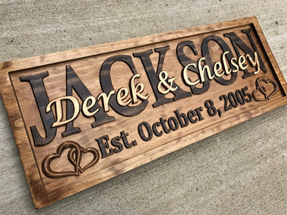 Personalized Wedding Gift Last Name Established Sign Family Name Signs Custom Wood Sign Carved Wood Decor 3D Hearts Couples Sign 5 Year Anniversary