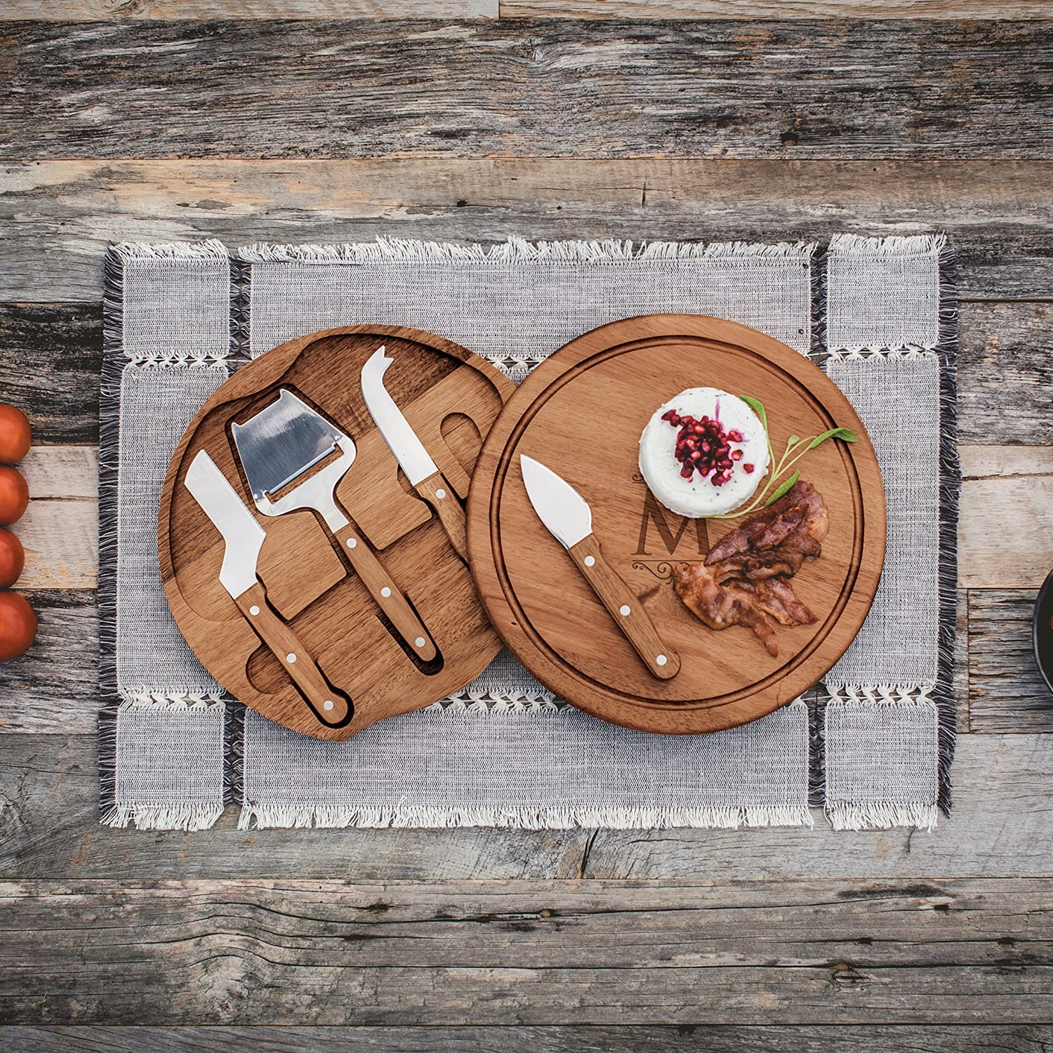 TOSCANA - a Picnic Time brand Personalized Monogram Initials Acacia Circo Cheese Cutting Board & Tools Set, 10.2 x 10.2 x 1.6, Letter M PICNIC TIME