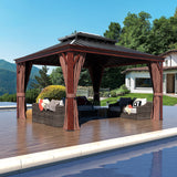 VEIKOU 10' x 12' Gazebo Hardtop, Outdoor Aluminum Wood Grain Gazebo w/Double Roof & Sidewalls, Permanent Pergolas and Gazebos, Patio Gazebo for VEIKOU