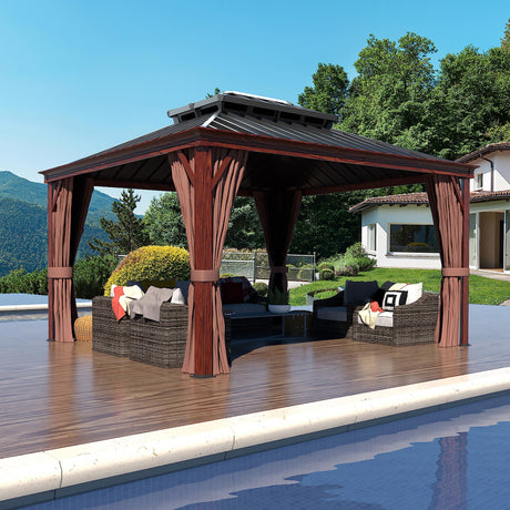 VEIKOU 10' x 12' Gazebo Hardtop, Outdoor Aluminum Wood Grain Gazebo w/Double Roof & Sidewalls, Permanent Pergolas and Gazebos, Patio Gazebo for VEIKOU
