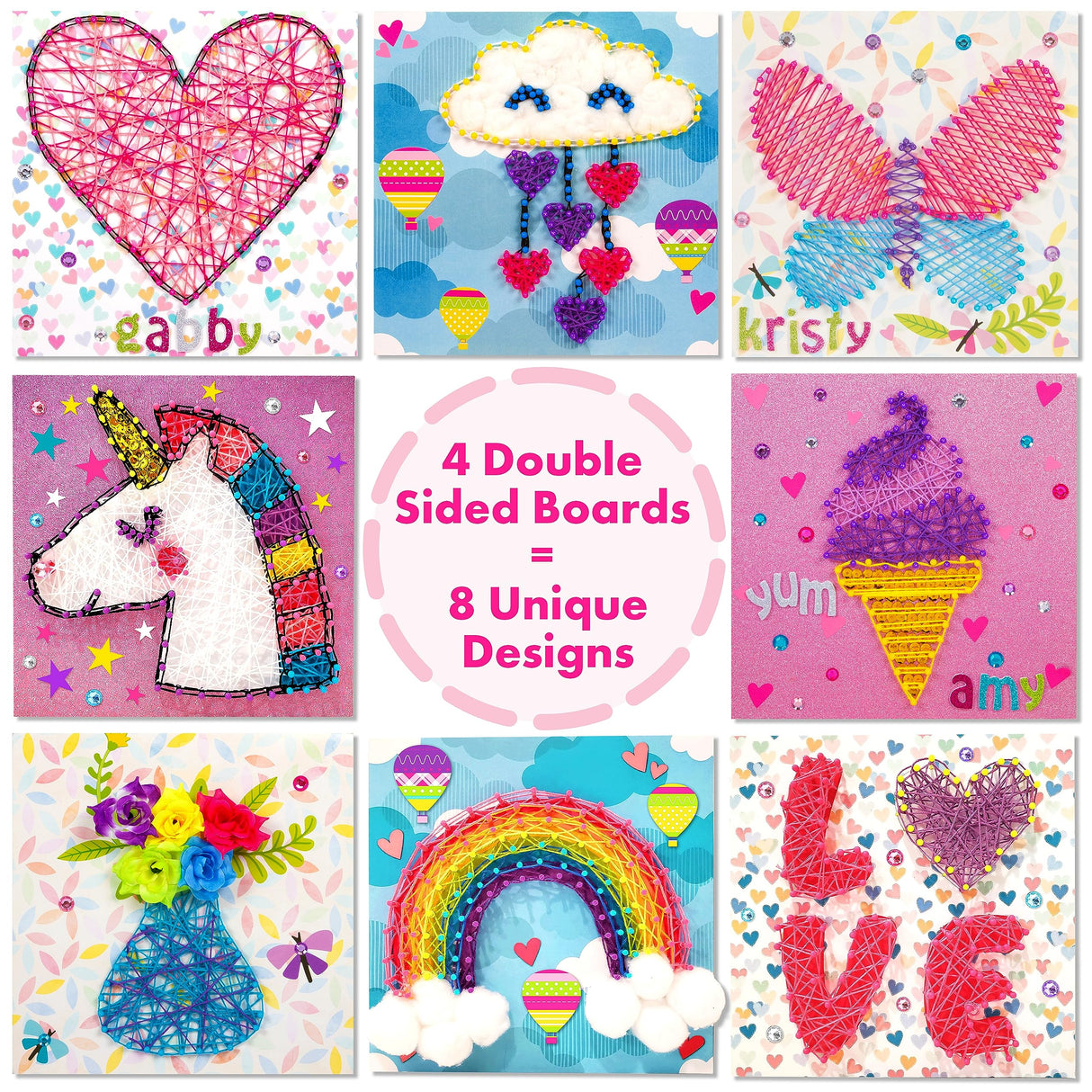 String Art Kit Girls Art Set - Flower, Heart, Rainbow, Unicorn Bedroom Decor for Girls8 Designs - 3D String Art 8.5x8.5in Boards - DIY Arts Crafts Creative Kids