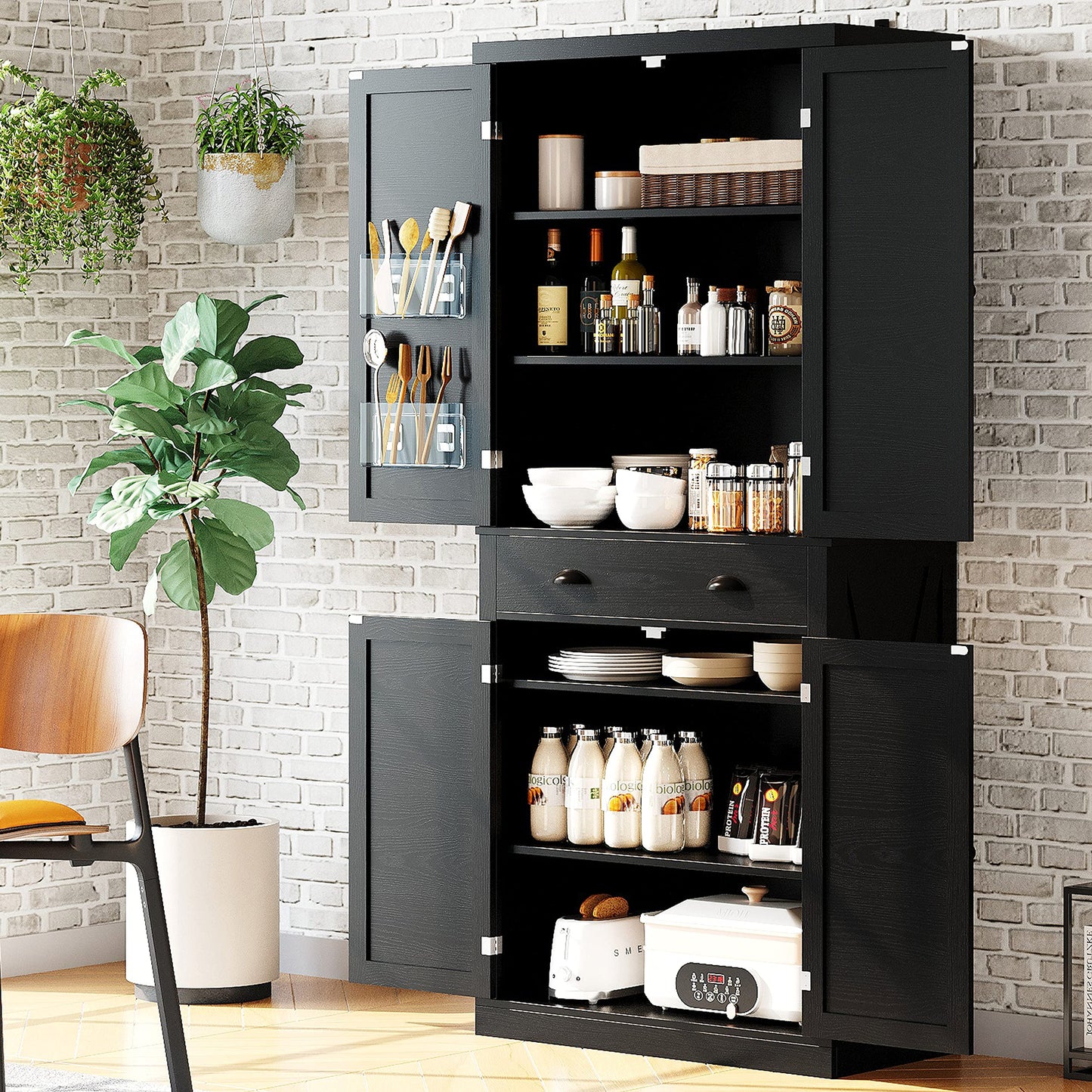 IRONCK Kitchen Pantry 72" Height,Storage Cabinet with Drawer, 4 Adjustable Shelves, Barn Doors, Freestanding Cupboard, Black