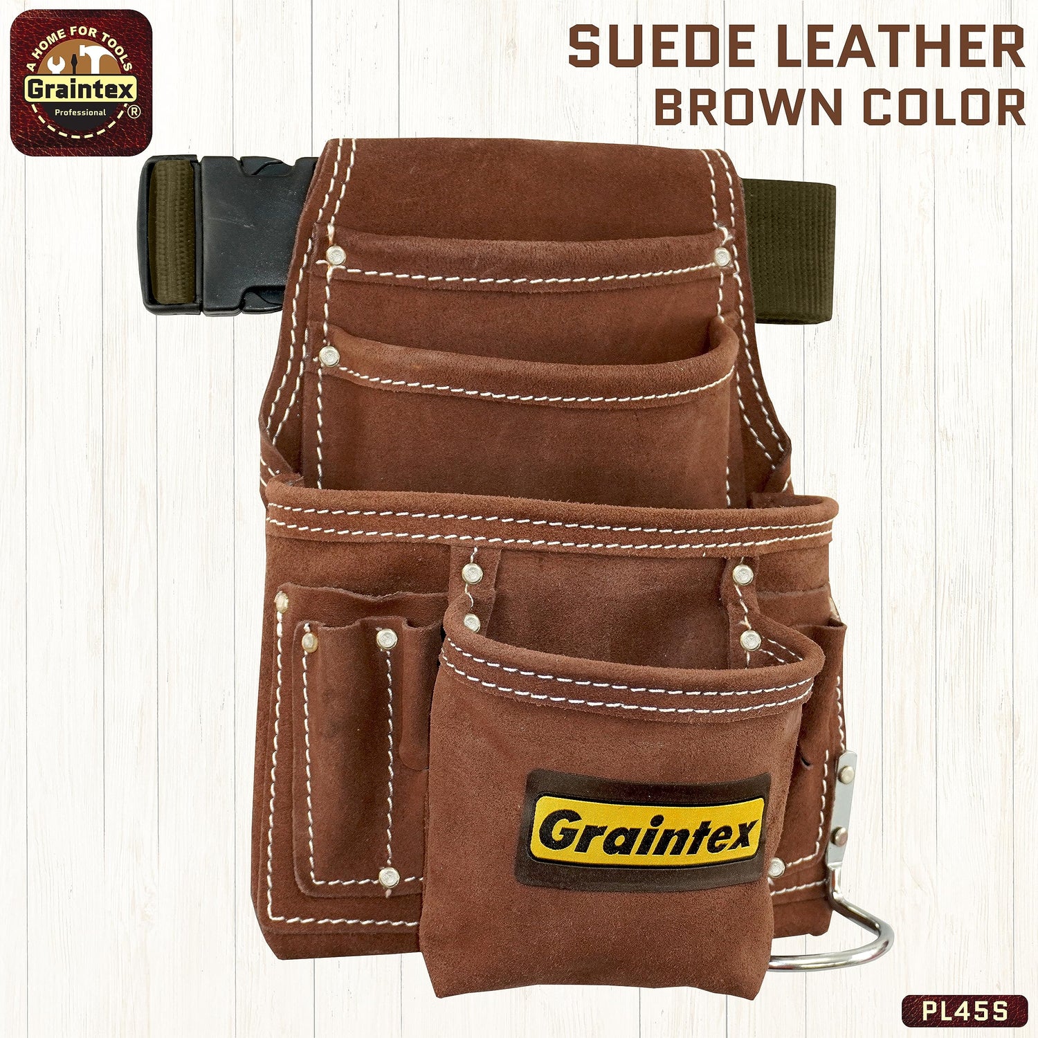 Graintex PL45S 10 Pocket Nail and Tool Pouch Suede Leather with 2" Webbing Belt Graintex