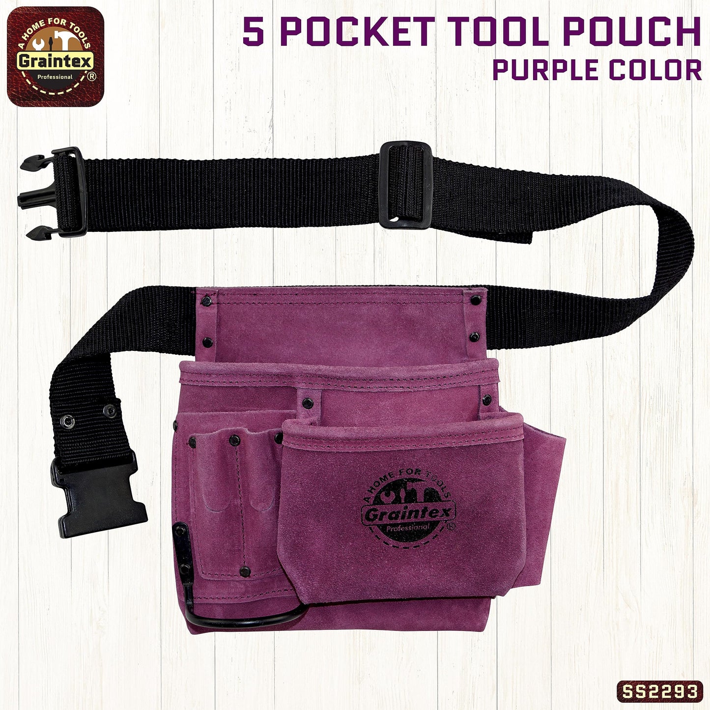 Graintex SS2293 5 Pocket Nail & Tool Pouch Purple Color Suede Leather with 2” Webbing Belt for Constructors, Electricians, Plumbers, Handymen - WoodArtSupply