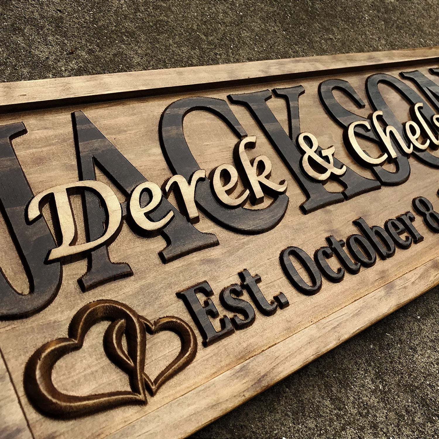 Personalized Wedding Gift Last Name Established Sign Family Name Signs Custom Wood Sign Carved Wood Decor 3D Hearts Couples Sign 5 Year Anniversary 3D Woodworker