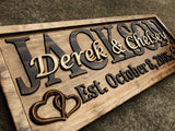 Personalized Wedding Gift Last Name Established Sign Family Name Signs Custom Wood Sign Carved Wood Decor 3D Hearts Couples Sign 5 Year Anniversary 3D Woodworker