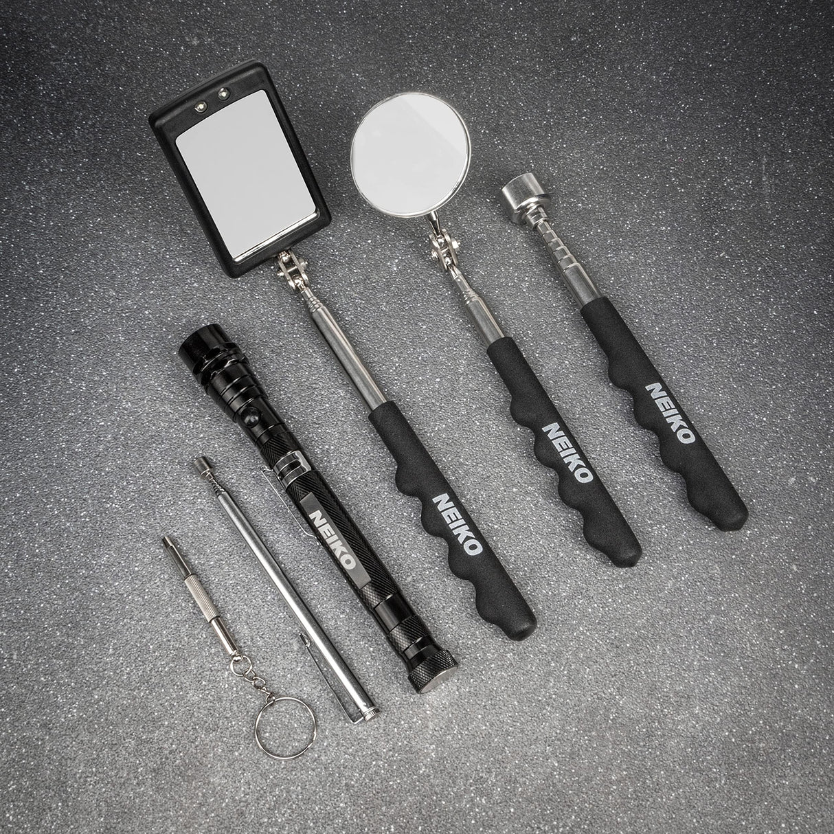 NEIKO 20736A (6) Piece Set, Magnetic Tool & Telescoping Mirror Set, Adjustable Telescoping Magnetic Pickup Tool, Flashlight 15lb Retriever Tool, 360 NEIKO