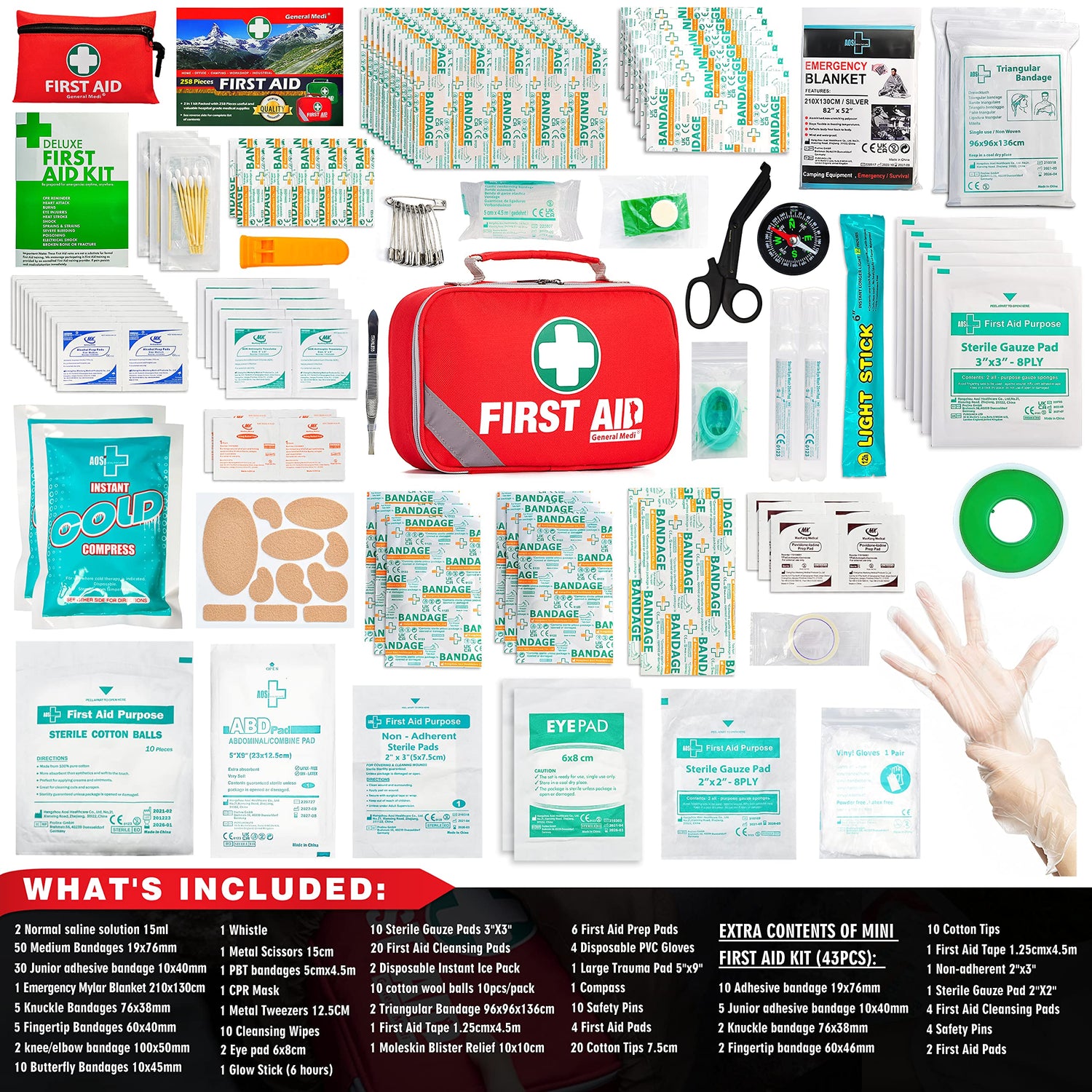 General Medi 2-in-1 First Aid Kit (215 Piece Set) + 43 Piece Mini First Aid Kit -Includes Eyewash, Ice(Cold) Pack, Moleskin Pad and Emergency Blanket General Medi