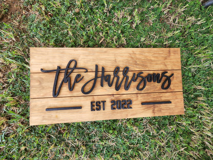 Personzalized 3D Style Effect Wood Sign for Easy Customization and Family Name Wedding Gift (Black Text - Golden Stain)