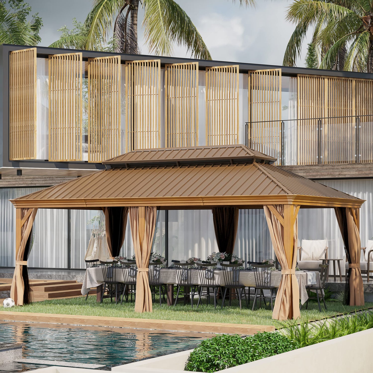 GAZEBEST 12'x20' Hardtop Gazebo Outdoor Aluminum Patio Gazebo Double Roof Galvanized Steel Gazebo Canopy Wooden Finish Coated with Netting and GAZEBEST