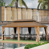 GAZEBEST 12'x20' Hardtop Gazebo Outdoor Aluminum Patio Gazebo Double Roof Galvanized Steel Gazebo Canopy Wooden Finish Coated with Netting and GAZEBEST