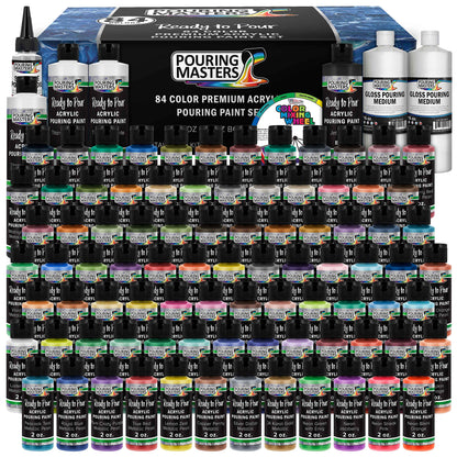 U.S. Art Supply Pouring Masters 84-Color Ready to Pour Acrylic Pouring Paint Set with Silicone Oil & Gloss Medium - Premium Pre-Mixed High Flow - WoodArtSupply