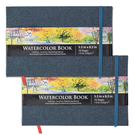 U.S. Art Supply 5.5" x 8.5" Watercolor Book, 2 Pack, 76 Sheets, 110 lb (230 GSM) - Linen-Bound Hardcover Artists Paper Pads - Acid-Free, U.S. Art Supply