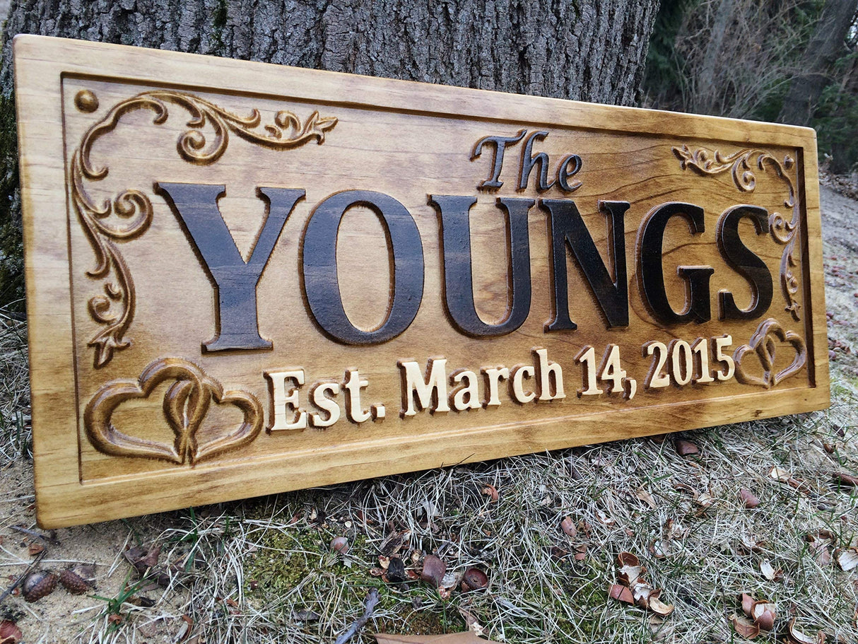 Personalized Family Name Sign Wedding Gift Custom Carved Wooden Signs Last Name Décor Established Wood Plaque 3D Engraved Couple 5 Year Anniversary 3D Woodworker