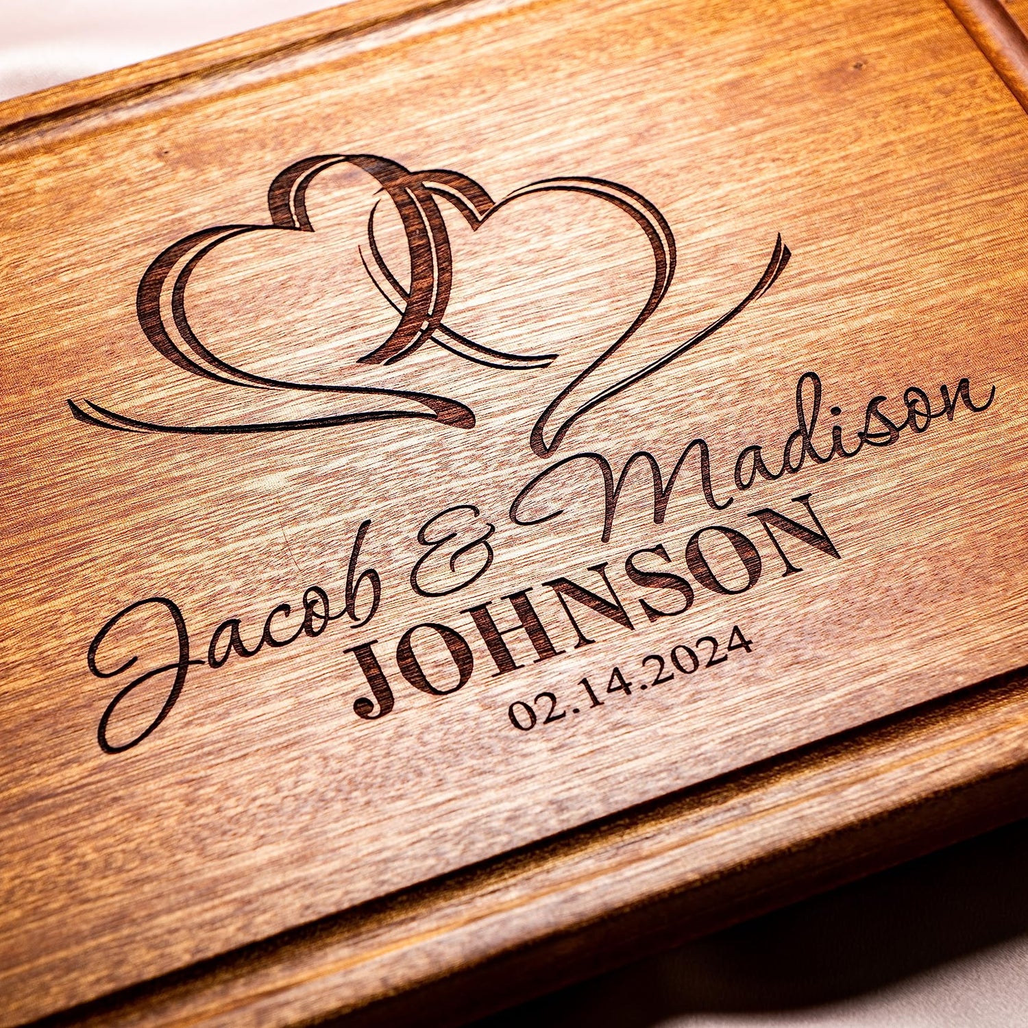 Personalized Cutting Board, Custom Wedding, Anniversary or Housewarming Gift Idea, Wood Engraved Charcuterie, for Newlyweds and Couples, Two Hearts Wedding Gift Boutique