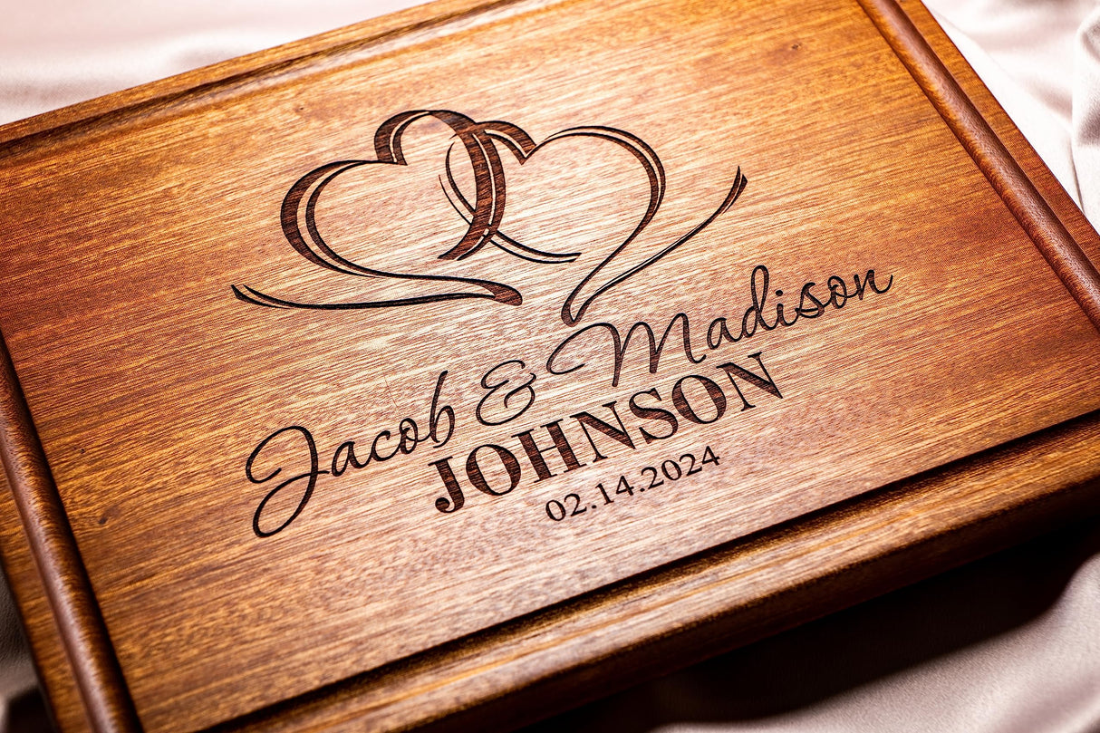 Personalized Cutting Board, Custom Wedding, Anniversary or Housewarming Gift Idea, Wood Engraved Charcuterie, for Newlyweds and Couples, Two Hearts Wedding Gift Boutique
