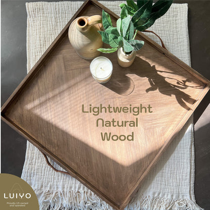 LUIYO Large Ottoman Wood Tray- with Leather Handle Decorative Wooden 24 x 24 x1.5 Inches Square Serving Tray Best for Coffee Table, Living Room and