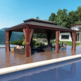 VEIKOU 12 x 20FT Hardtop Gazebo, Wood Grain Aluminum Frame Gazebo w/Double Roof Galvanized Steel, Patio Gazebo Permanent Outdoor Pergolas and Gazebos VEIKOU