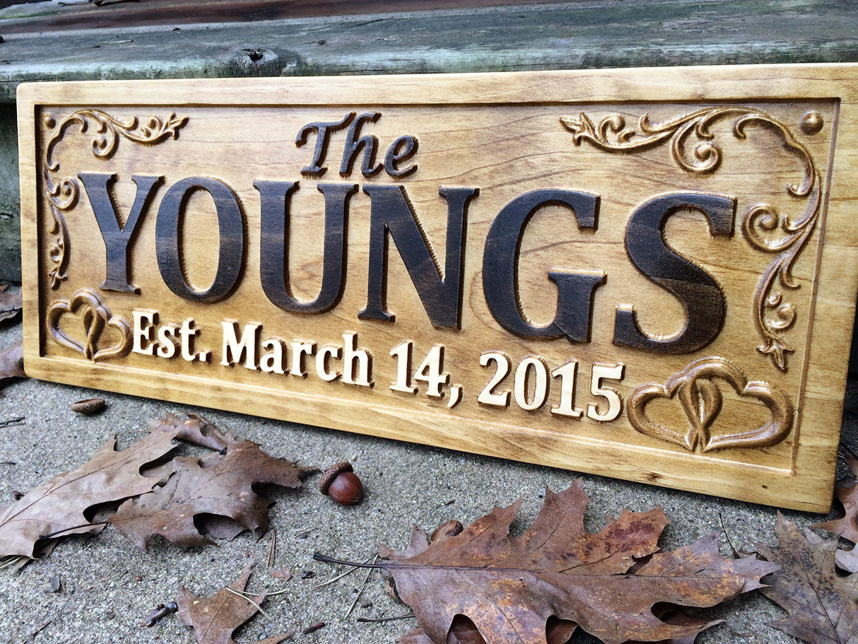 Personalized Family Name Sign Wedding Gift Custom Carved Wooden Signs Last Name Décor Established Wood Plaque 3D Engraved Couple 5 Year Anniversary 3D Woodworker