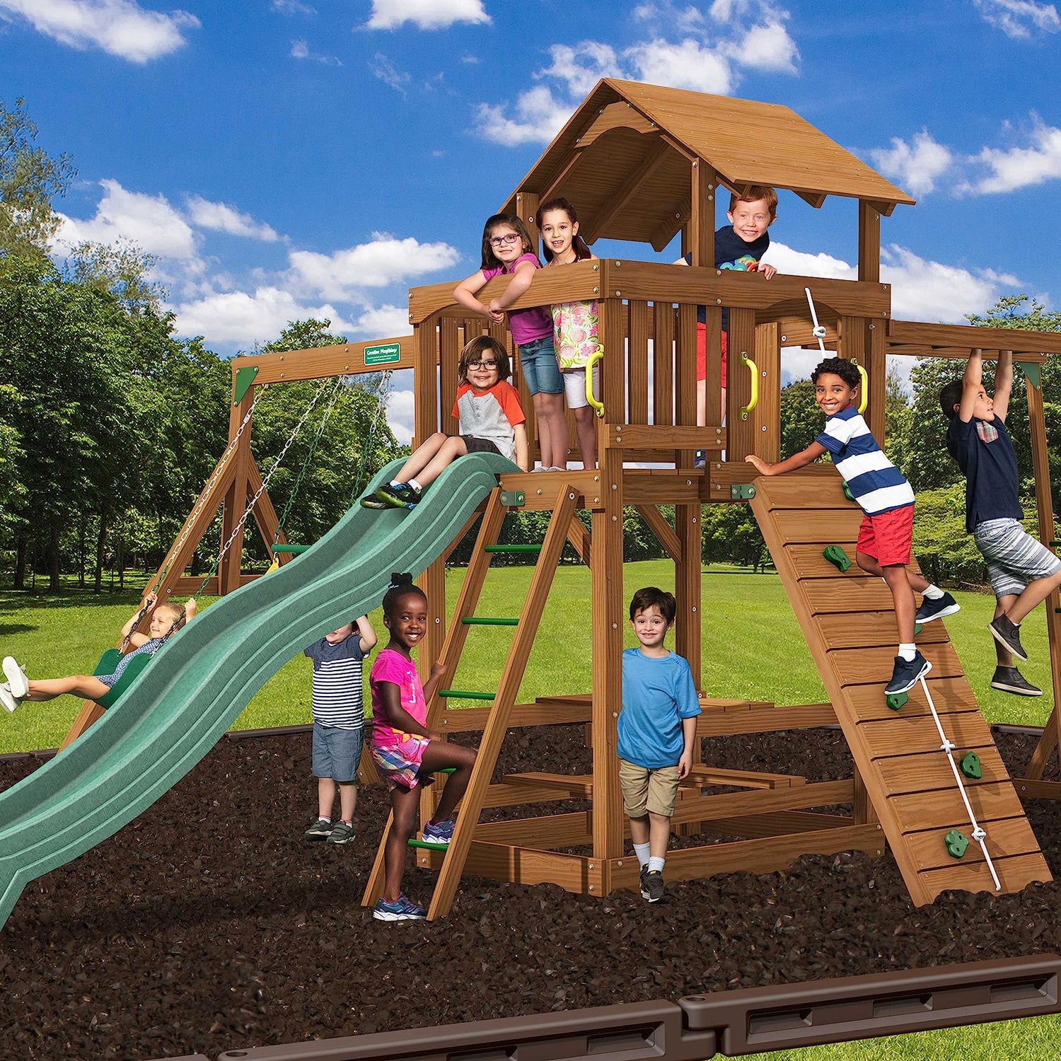 Creative Playthings Spring Hill Wooden Swing Set with Monkey Bars (Made in The USA), Includes Kids Climbing Wall, Monkey Bars, Playground Swings and Creative Playthings LTD.