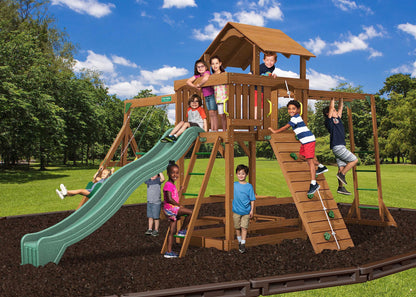 Creative Playthings Spring Hill Wooden Swing Set with Monkey Bars (Made in The USA), Includes Kids Climbing Wall, Monkey Bars, Playground Swings and