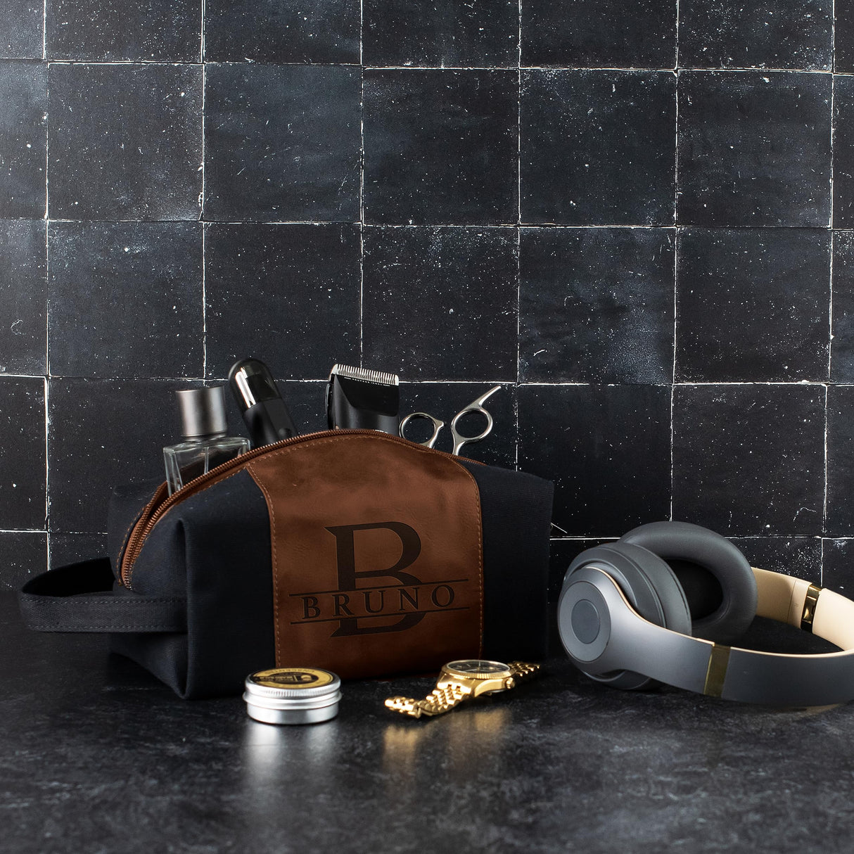 Toiletry Bag for Men Personalized, Laser Engraved Initial & Name on Leather, Custom 4 Canvas Colors - Gift for Husband, Dad, Boy Friend, Handcrafted GIFTBYGIFTY