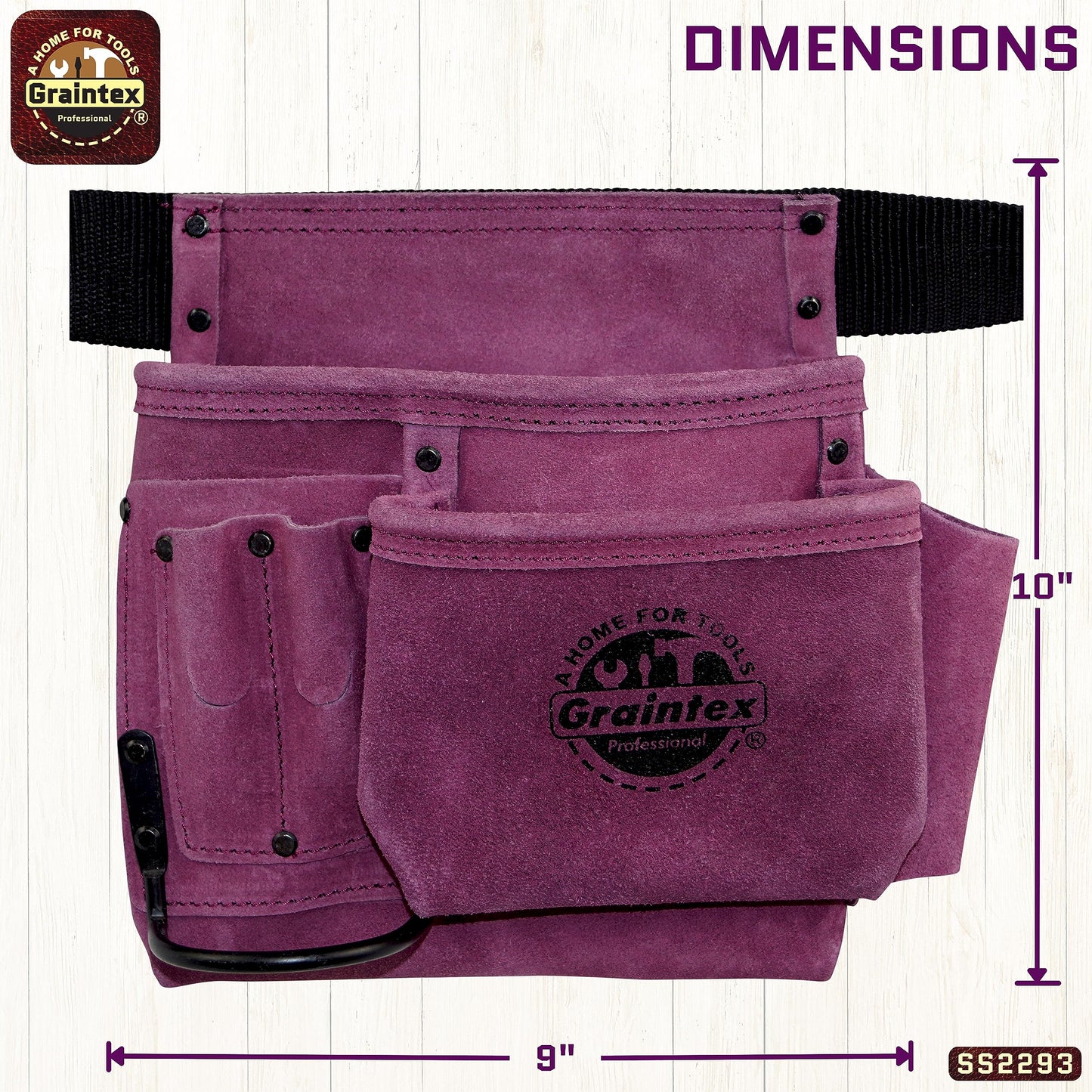 Graintex SS2293 5 Pocket Nail & Tool Pouch Purple Color Suede Leather with 2” Webbing Belt for Constructors, Electricians, Plumbers, Handymen - WoodArtSupply