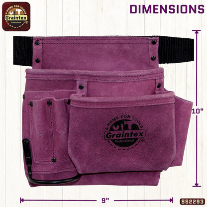 Graintex SS2293 5 Pocket Nail & Tool Pouch Purple Color Suede Leather with 2” Webbing Belt for Constructors, Electricians, Plumbers, Handymen - WoodArtSupply