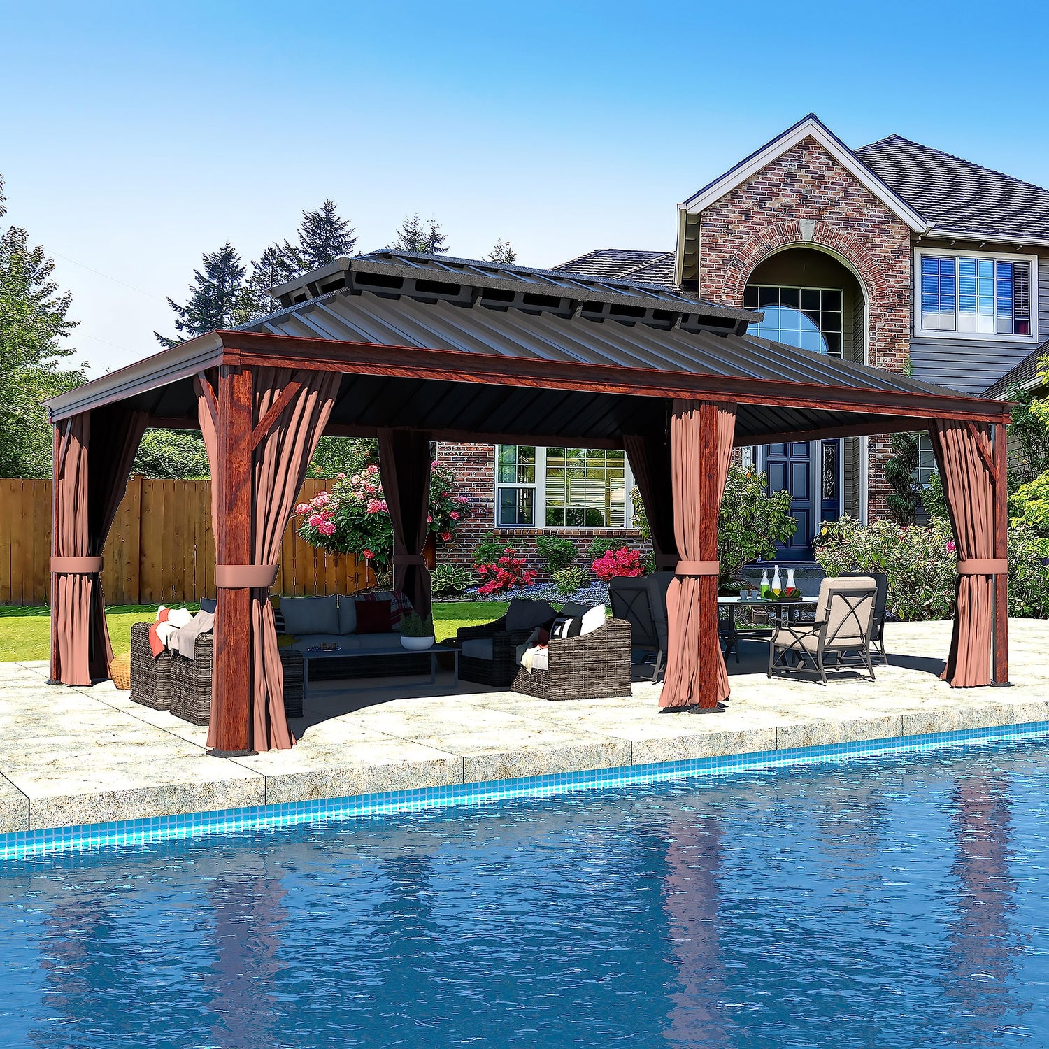 VEIKOU 12 x 20FT Hardtop Gazebo, Wood Grain Aluminum Frame Gazebo w/Double Roof Galvanized Steel, Patio Gazebo Permanent Outdoor Pergolas and Gazebos VEIKOU