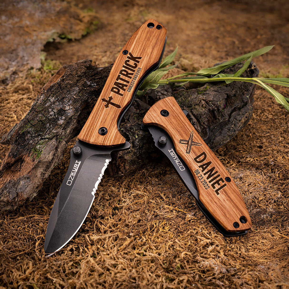 Gifts for Men, Personalized Engraved Oak Wood Pocket Knife - 36 Icons, 20 Stylish Font - Custom Knives Customization Mill