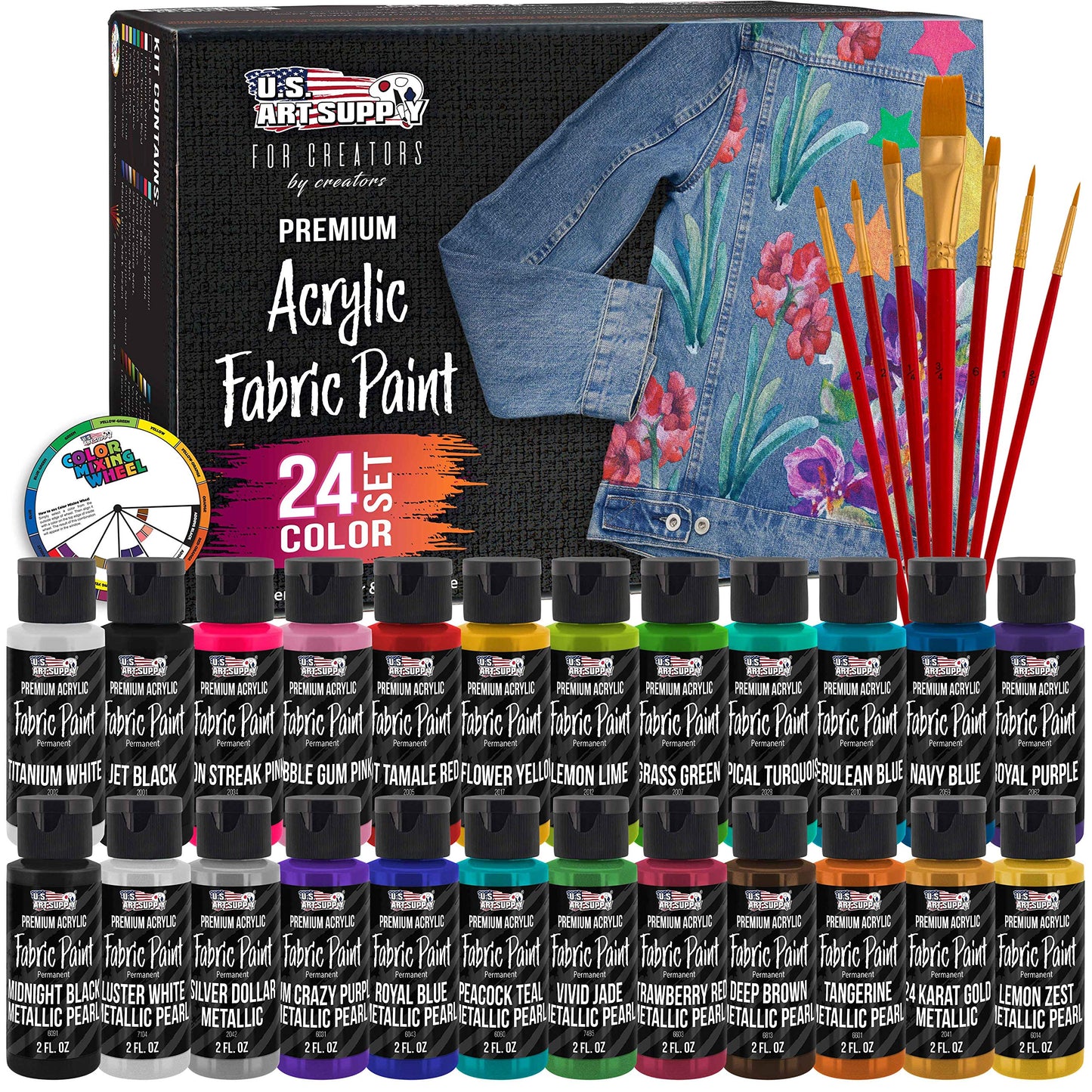 U.S. Art Supply 24 Color Set of Permanent Acrylic Fabric Paint in 2 Ounce Bottles, Plus a 7-Piece Brush Kit - Artists Textile Paint for Clothes, - WoodArtSupply