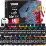 U.S. Art Supply 24 Color Set of Permanent Acrylic Fabric Paint in 2 Ounce Bottles, Plus a 7-Piece Brush Kit - Artists Textile Paint for Clothes, U.S. Art Supply
