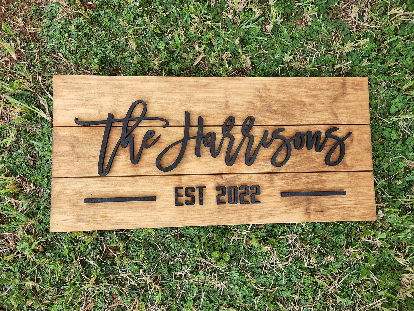 Personzalized 3D Style Effect Wood Sign for Easy Customization and Family Name Wedding Gift (Black Text - Golden Stain)