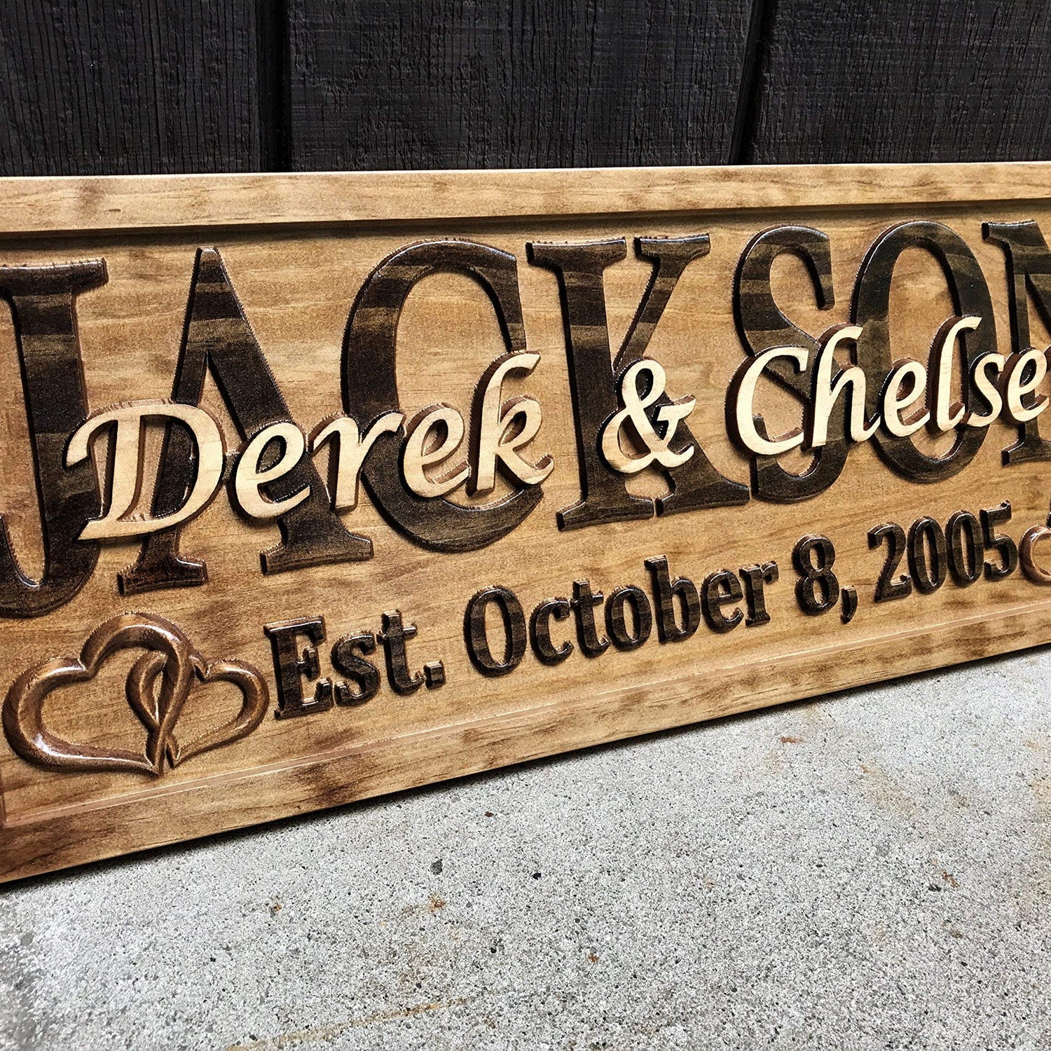 Personalized Wedding Gift Last Name Established Sign Family Name Signs Custom Wood Sign Carved Wood Decor 3D Hearts Couples Sign 5 Year Anniversary 3D Woodworker