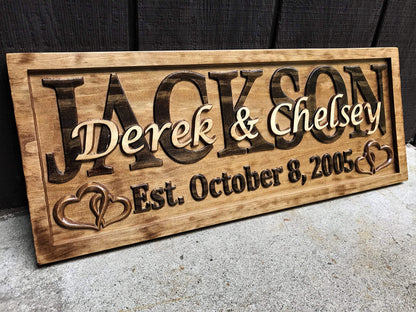 Personalized Wedding Gift Last Name Established Sign Family Name Signs Custom Wood Sign Carved Wood Decor 3D Hearts Couples Sign 5 Year Anniversary