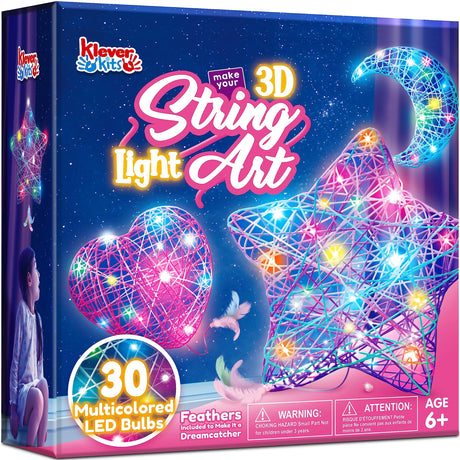3D String Art Kit for Kids - 63 Pcs Birthday Gifts for Kids with 30 Multi-Colored LED Bulbs & 6 Balloons - Crafts for Girls and Boys Ages 6-12 - DIY Klever Kits