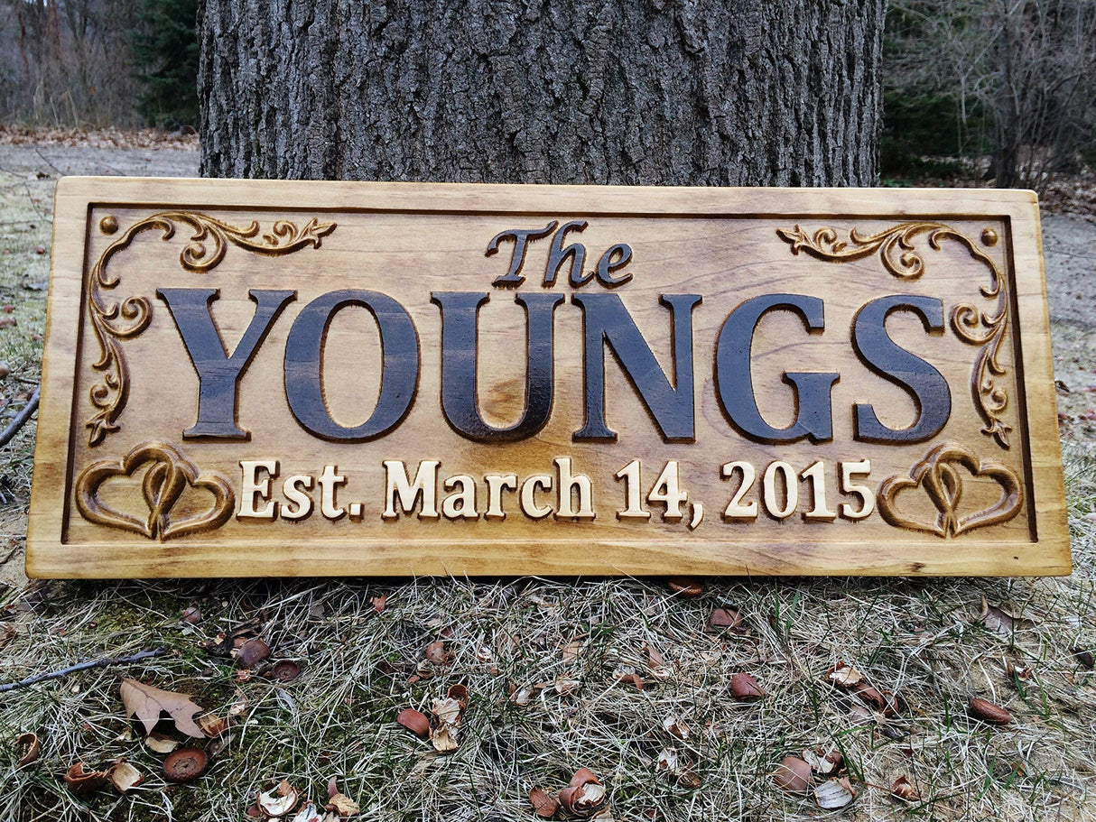 Personalized Family Name Sign Wedding Gift Custom Carved Wooden Signs Last Name Décor Established Wood Plaque 3D Engraved Couple 5 Year Anniversary 3D Woodworker