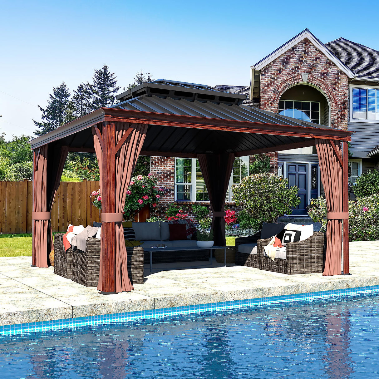 VEIKOU 10' x 12' Gazebo Hardtop, Outdoor Aluminum Wood Grain Gazebo w/Double Roof & Sidewalls, Permanent Pergolas and Gazebos, Patio Gazebo for VEIKOU
