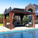 VEIKOU 10' x 12' Gazebo Hardtop, Outdoor Aluminum Wood Grain Gazebo w/Double Roof & Sidewalls, Permanent Pergolas and Gazebos, Patio Gazebo for VEIKOU