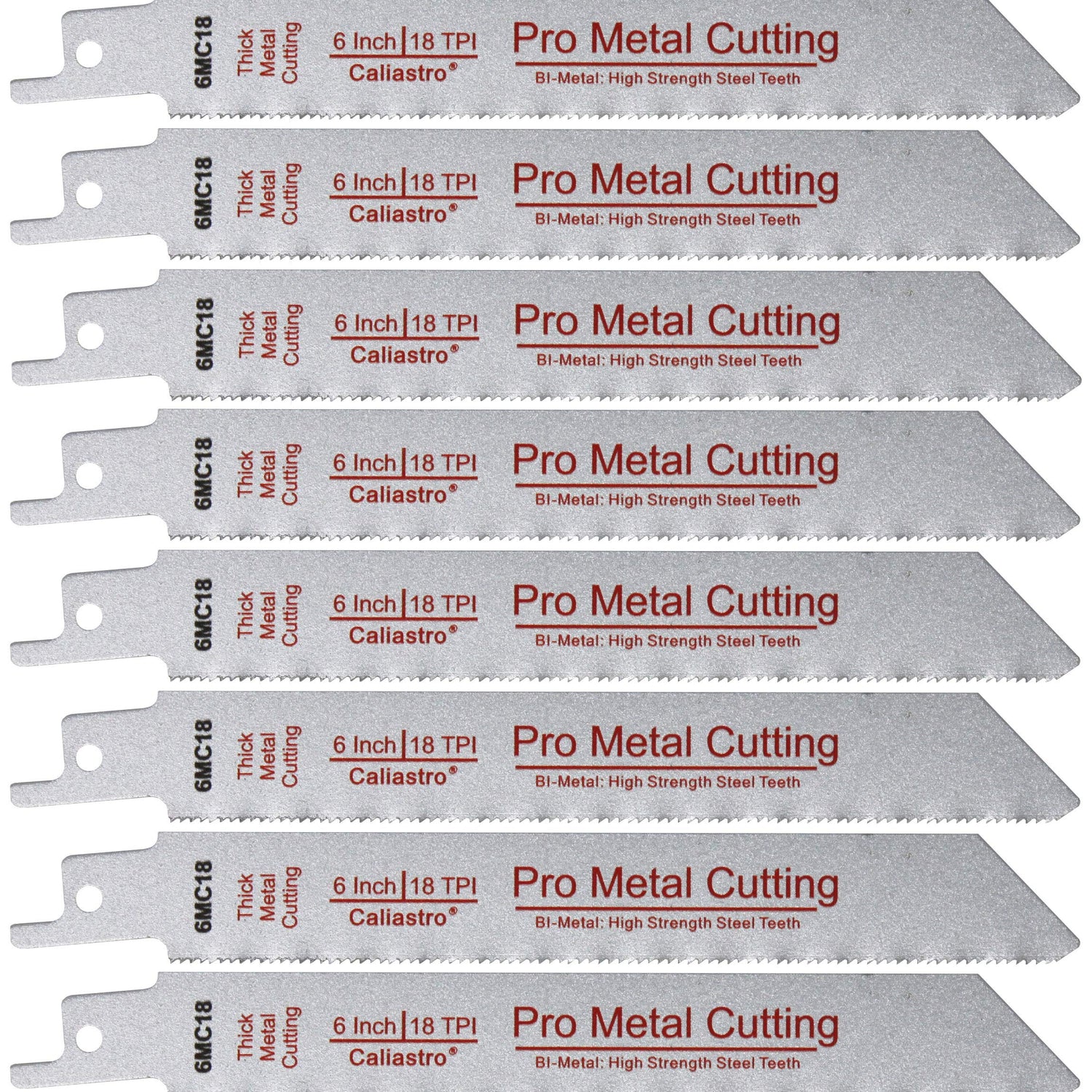 6-Inch Thick Metal Cutting Reciprocating Saw Blades (18 TPI) Made of Long Lasting Bi-Metal (HSS Teeth Bonded to HCS Body) - 8 Pack - Caliastro Caliastro