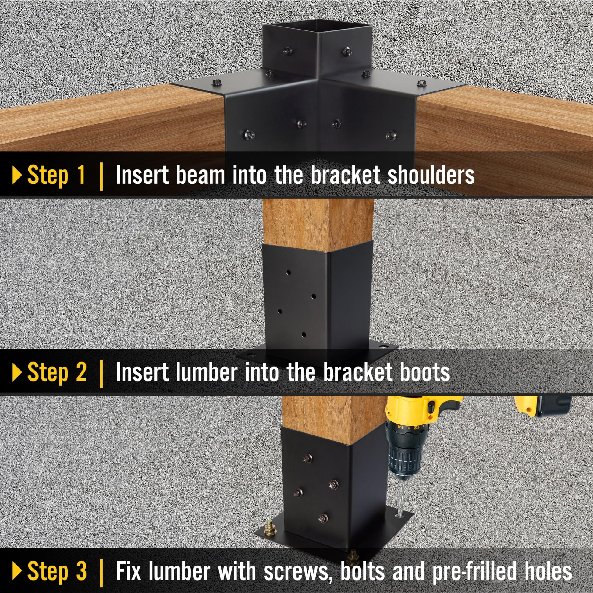 LADECH Pergola Kit with 3-Way Right Angle Corner Brackets Woodworks DIY 4x4 Post Base Kits, Wooden Bracket for Gazebos, Patio Pergolas, Outdoor - WoodArtSupply