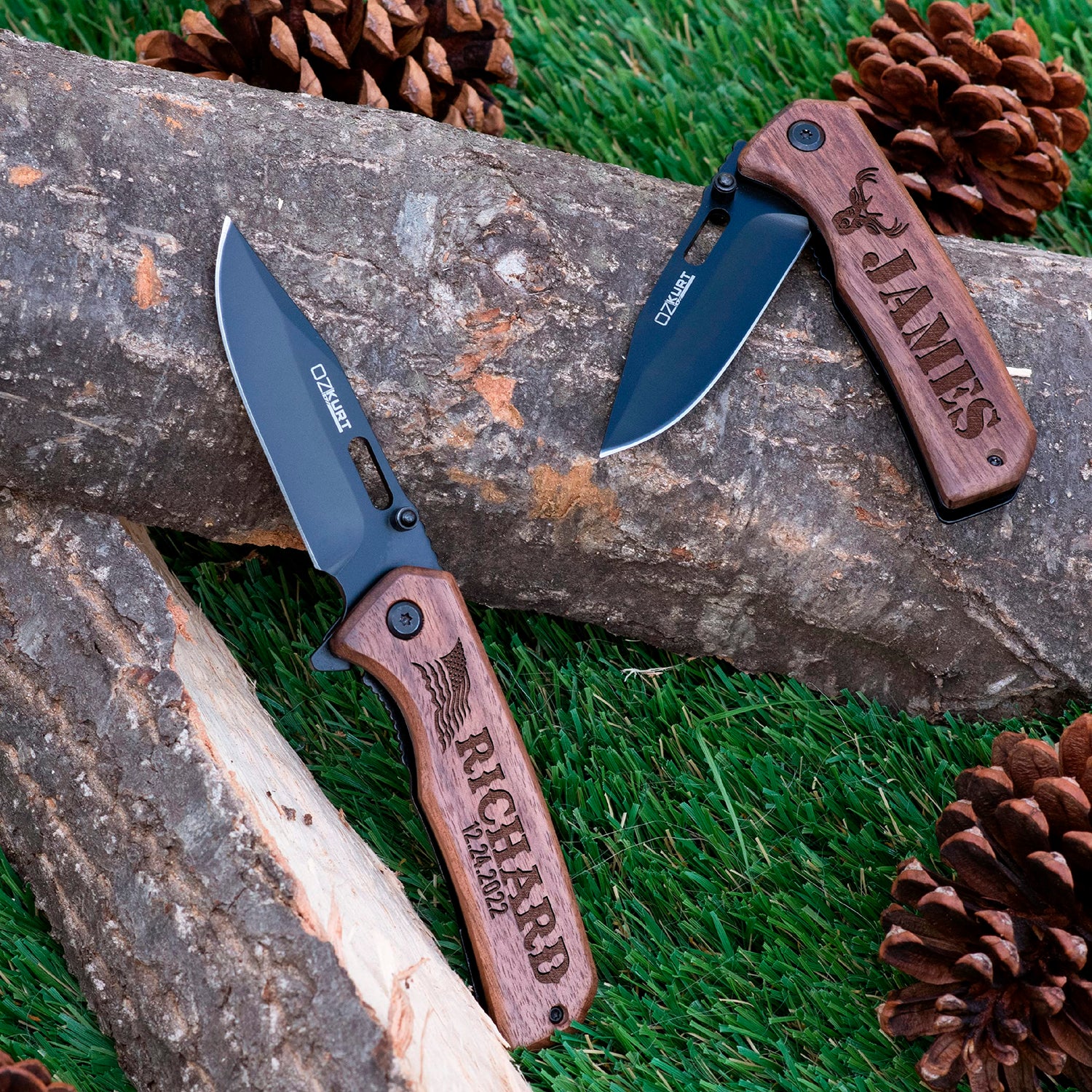 Gifts for Men, Personalized Engraved Walnut Wood Pocket Knife - 36 Icons, 13 Stylish Font - Custom Knives Customization Mill