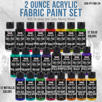 U.S. Art Supply 24 Color Set of Permanent Acrylic Fabric Paint in 2 Ounce Bottles, Plus a 7-Piece Brush Kit - Artists Textile Paint for Clothes, - WoodArtSupply